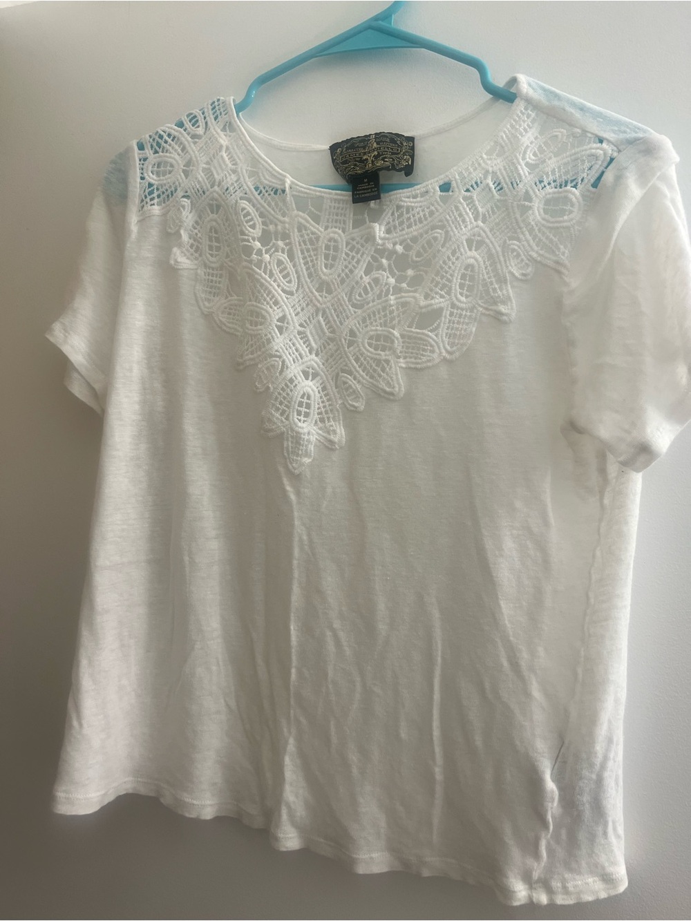 Lush White Short Sleeve Top with Lace Yoke